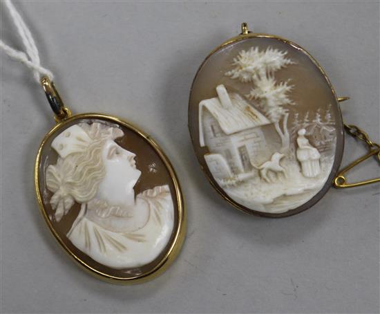 A mounted cameo brooch and a similar pendant, largest 30mm.